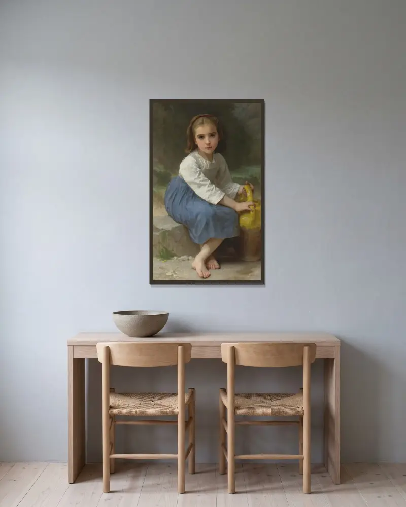 Ung flicka med kruka av William Bouguereau inramad på en vägg