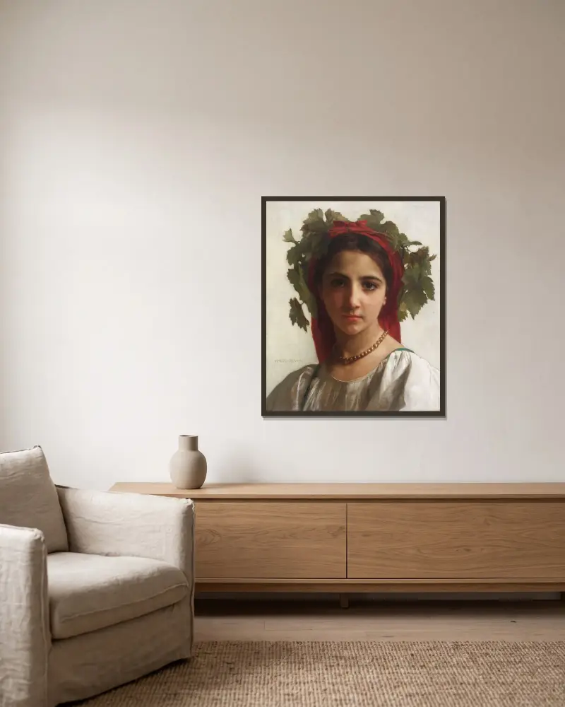 Ung flicka krönt med vinrankor av William Bouguereau inramad på en vägg