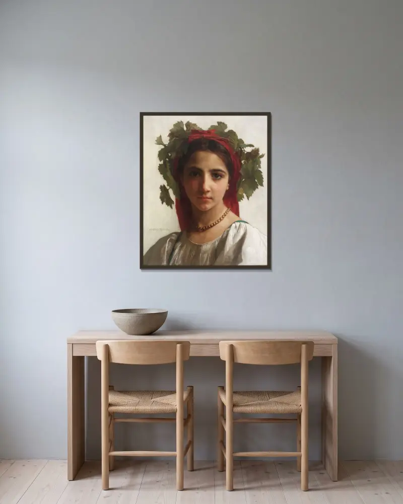 Ung flicka krönt med vinrankor av William Bouguereau inramad på en vägg