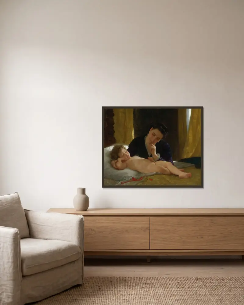 Ung mor betraktar sitt barn av William Bouguereau inramad på en vägg