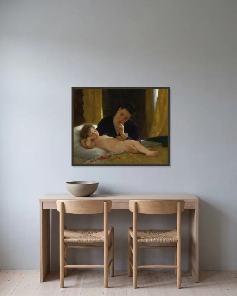 Ung mor betraktar sitt barn av William Bouguereau inramad på en vägg