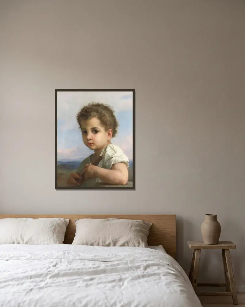 Flöjtspelaren av William Bouguereau inramad på en vägg
