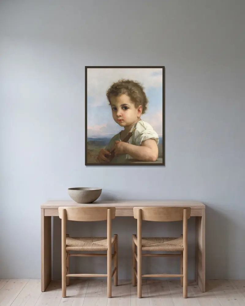 Flöjtspelaren av William Bouguereau inramad på en vägg