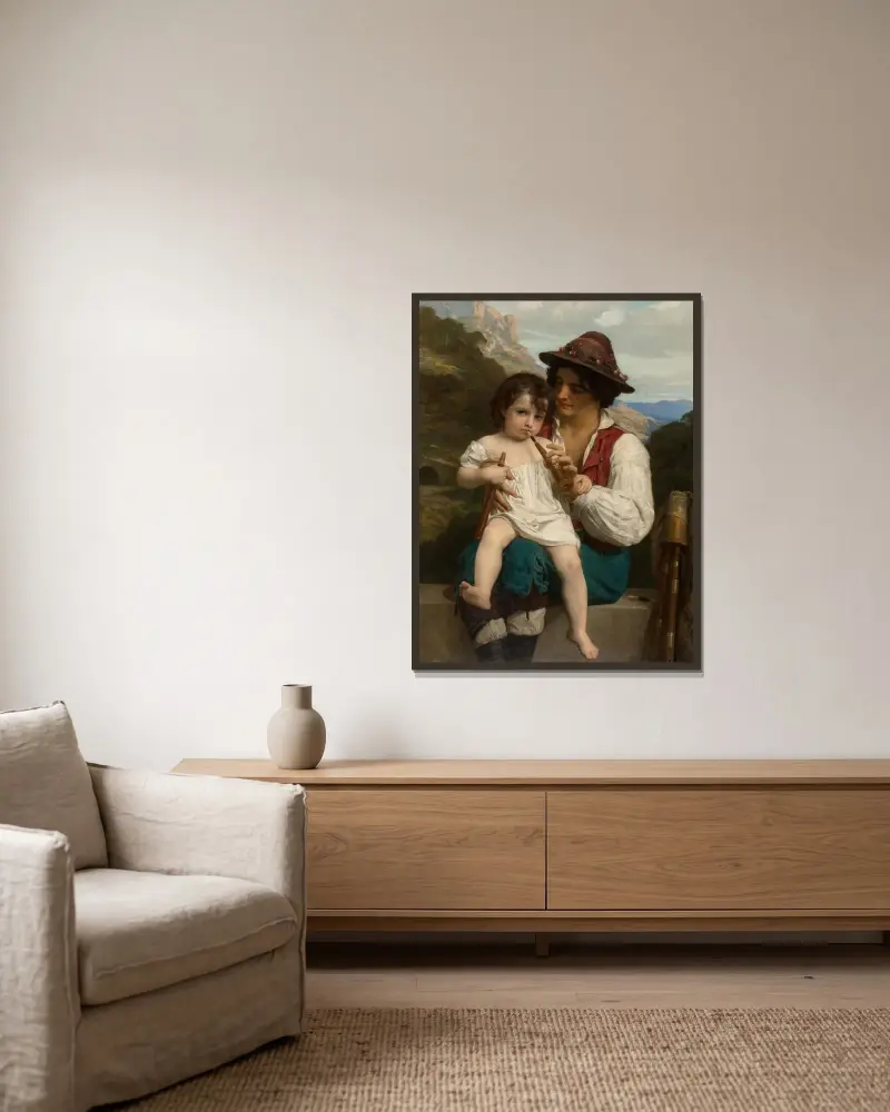 La leçon de flûte, William Bouguereau w ramie na ścianie