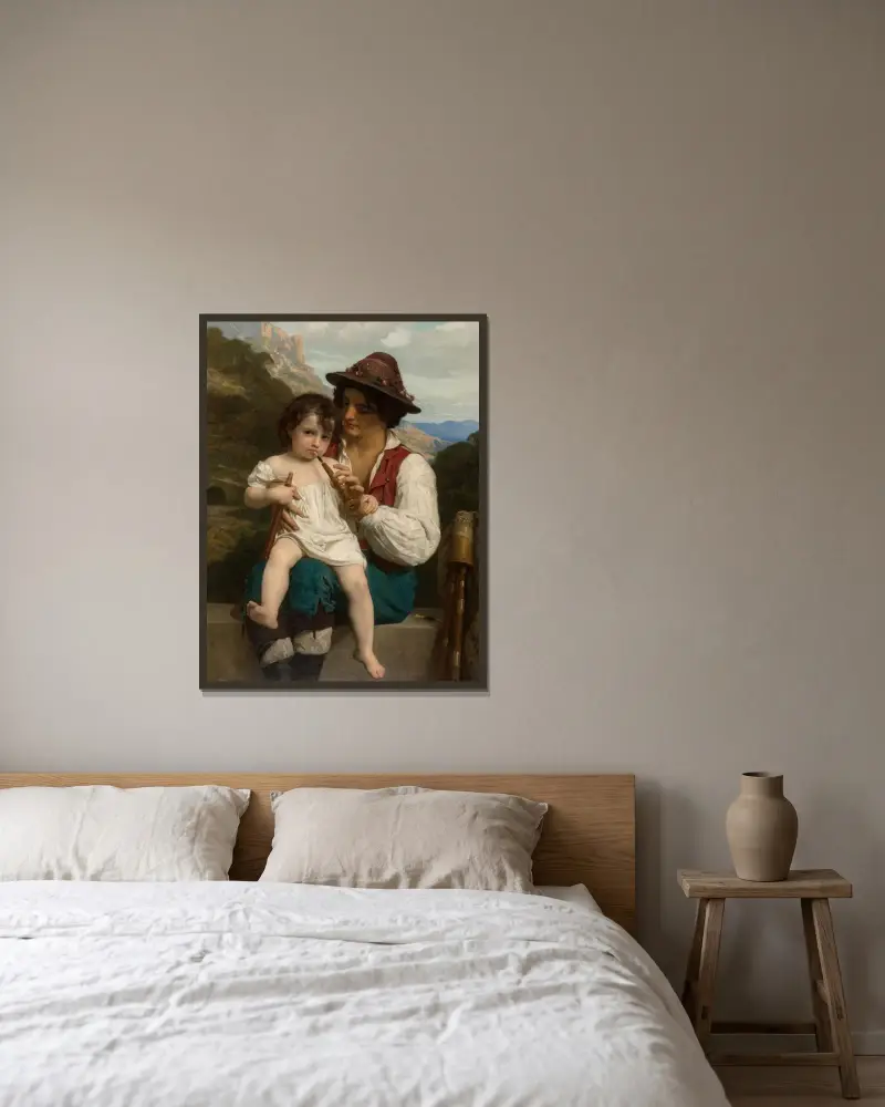 La leçon de flûte, William Bouguereau w ramie na ścianie