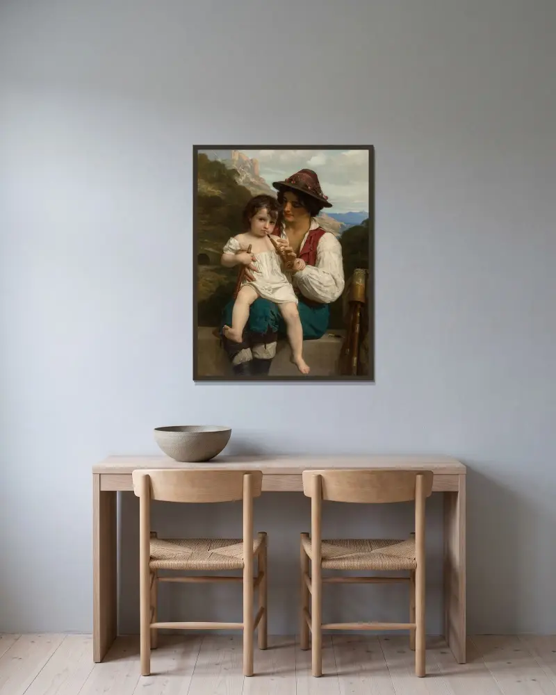 La leçon de flûte, William Bouguereau w ramie na ścianie