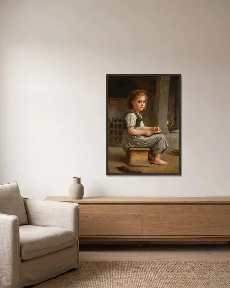 La petite écolière (The Little Schoolgirl) von William Bouguereau gerahmt an einer Wand