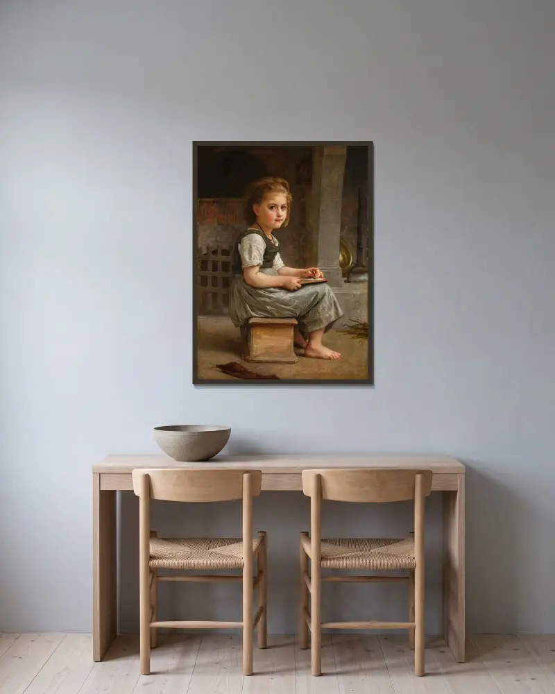 La petite écolière (The Little Schoolgirl) von William Bouguereau gerahmt an einer Wand