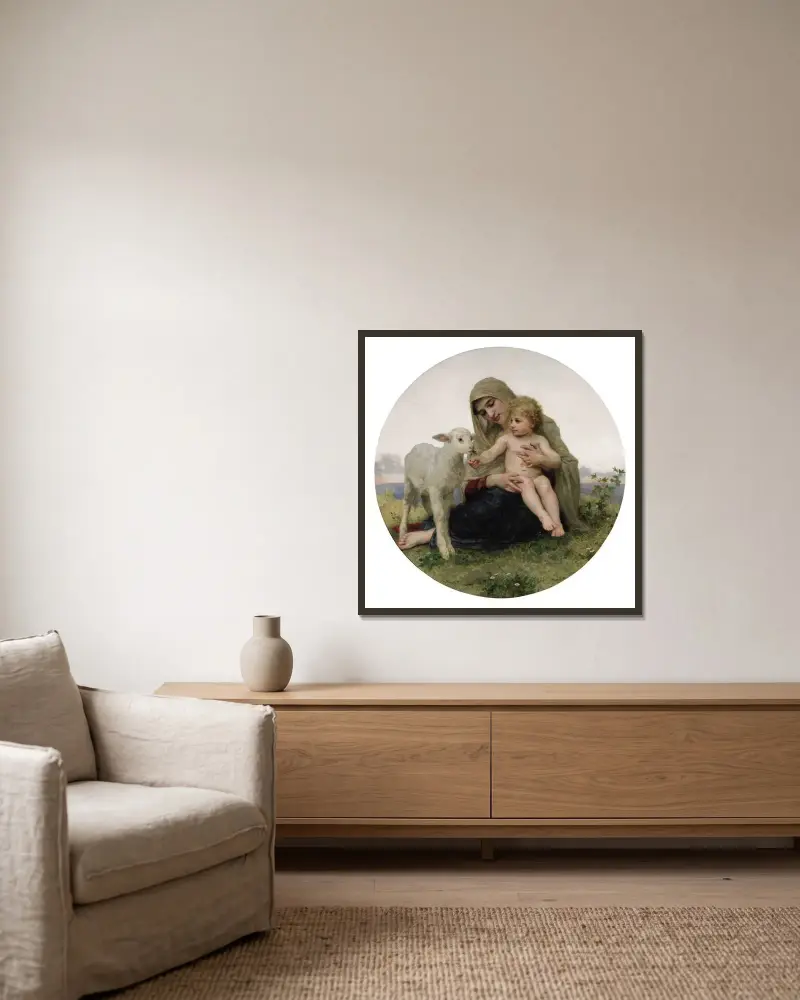 Madonnan med lammet av William Bouguereau inramad på en vägg