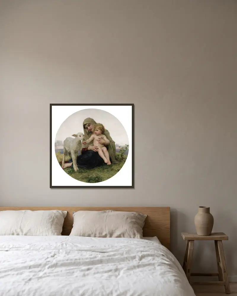 Madonnan med lammet av William Bouguereau inramad på en vägg