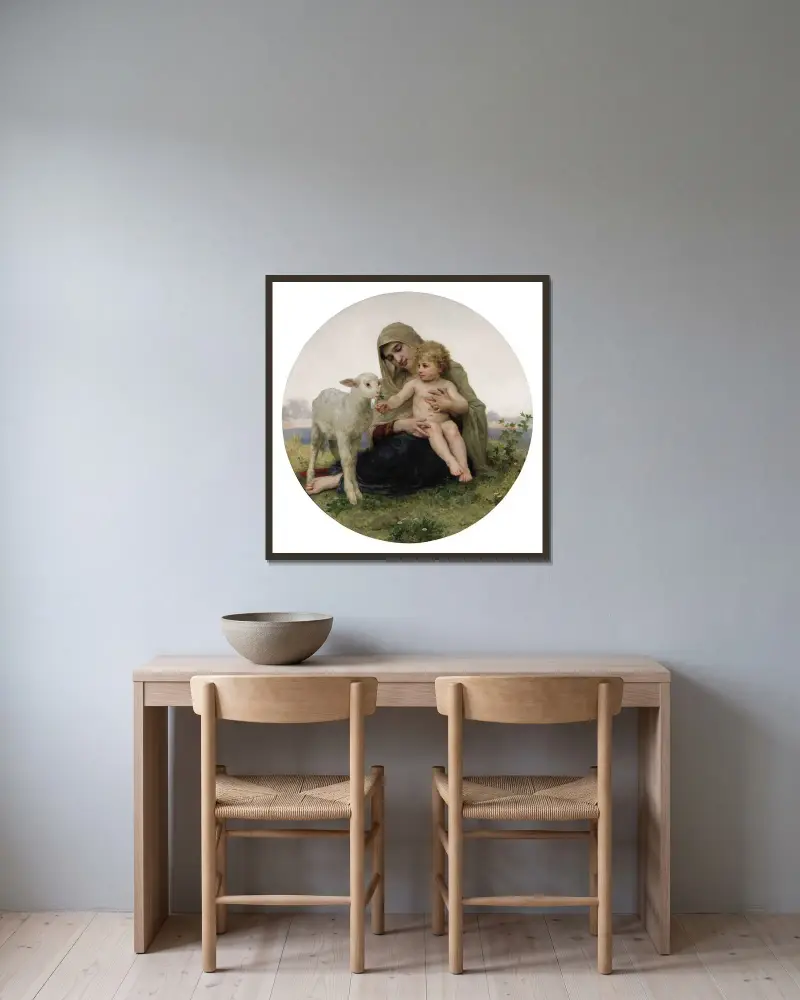 Madonnan med lammet av William Bouguereau inramad på en vägg
