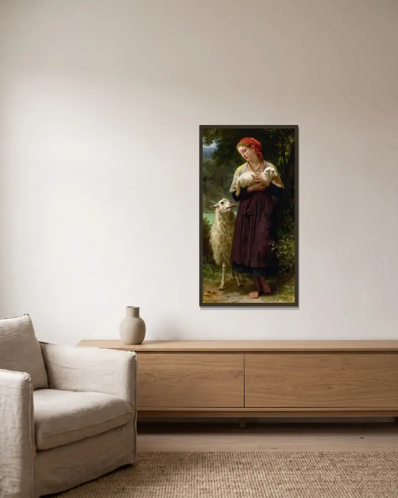 Det nyfödda lammet av William Bouguereau inramad på en vägg