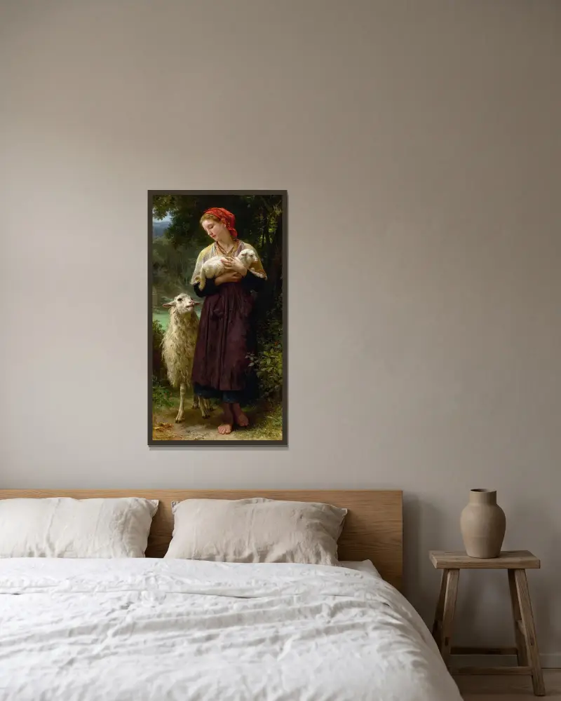 Det nyfödda lammet av William Bouguereau inramad på en vägg