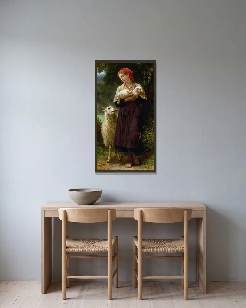 Det nyfödda lammet av William Bouguereau inramad på en vägg