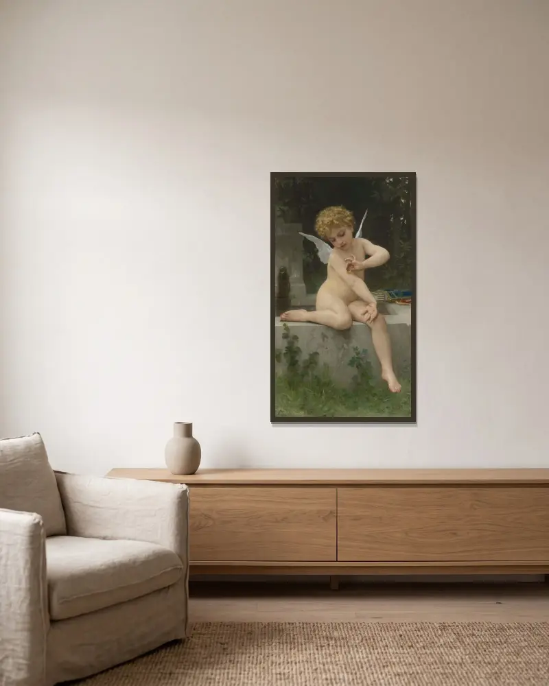 Kärlek med fjäril av William Bouguereau inramad på en vägg