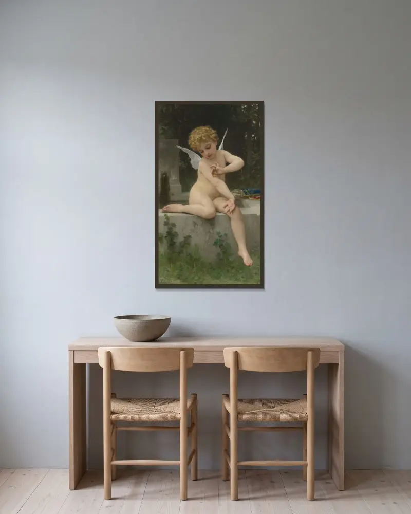 Kärlek med fjäril av William Bouguereau inramad på en vägg