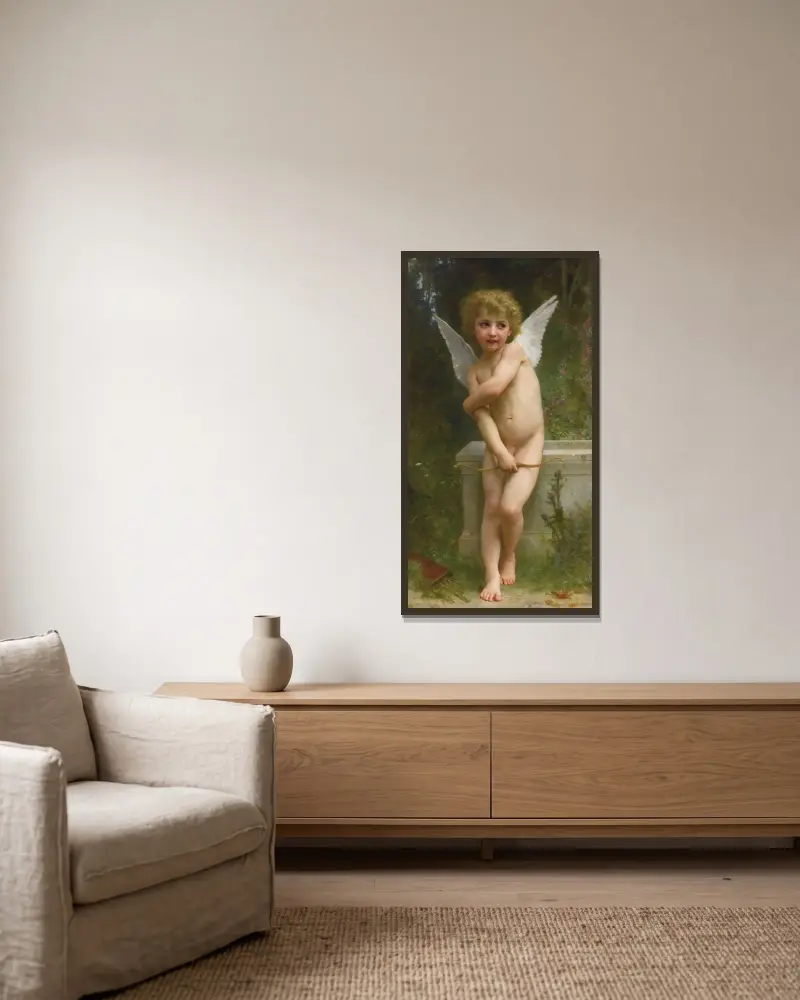 Kärleken stucken av William Bouguereau inramad på en vägg