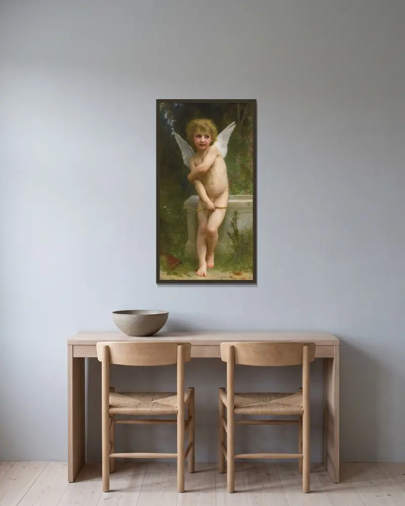 Kärleken stucken av William Bouguereau inramad på en vägg