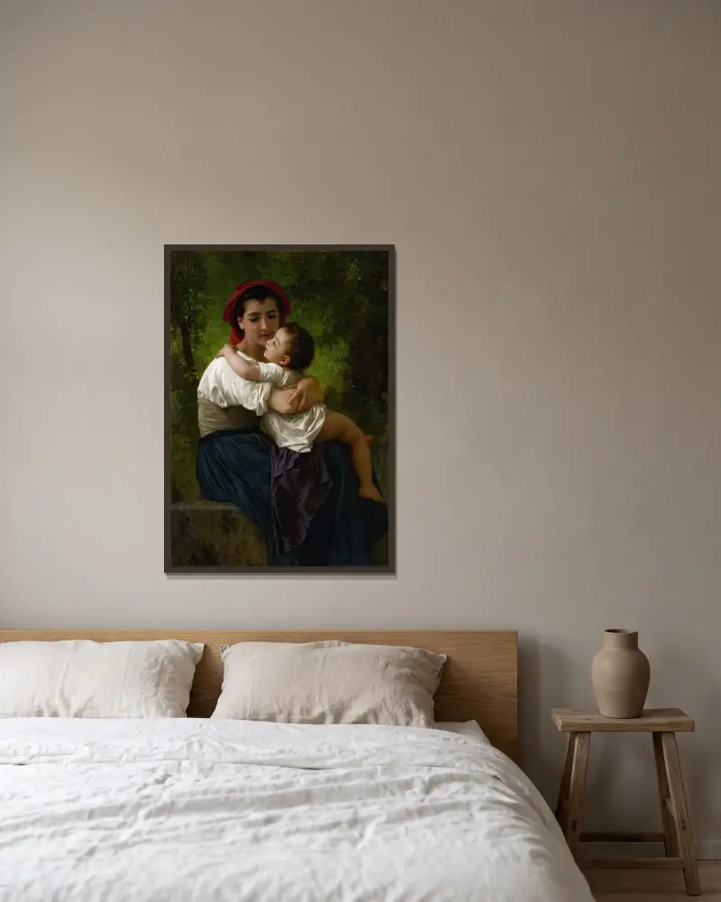 Le Petit Câlin av William Bouguereau inramad på en vägg