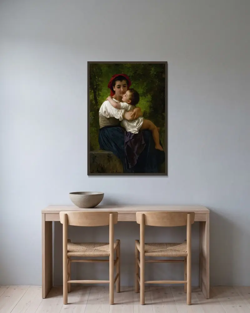 Le Petit Câlin av William Bouguereau inramad på en vägg