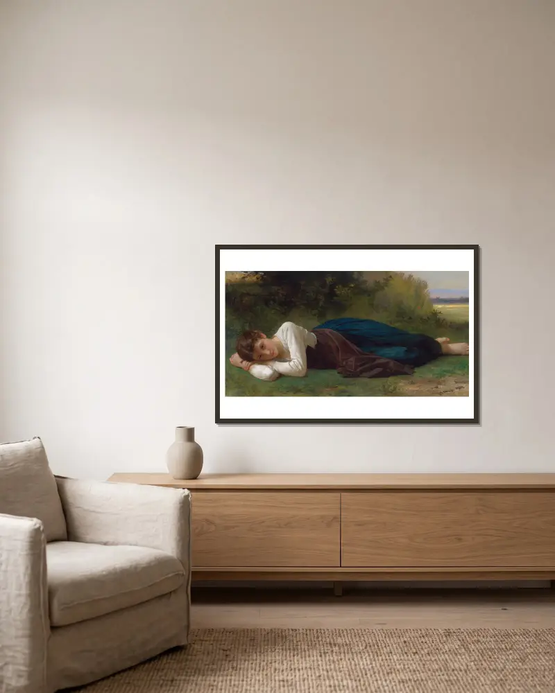Die Ruhe (Liegendes Mädchen) von William Bouguereau gerahmt an einer Wand
