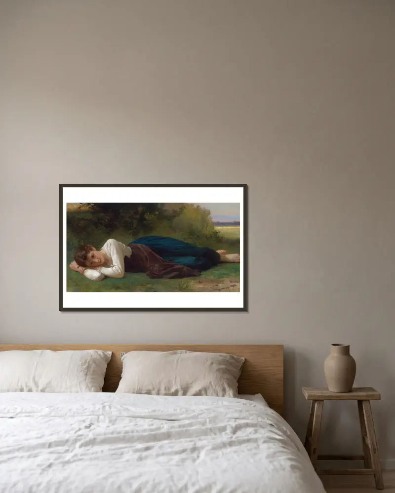 Die Ruhe (Liegendes Mädchen) von William Bouguereau gerahmt an einer Wand
