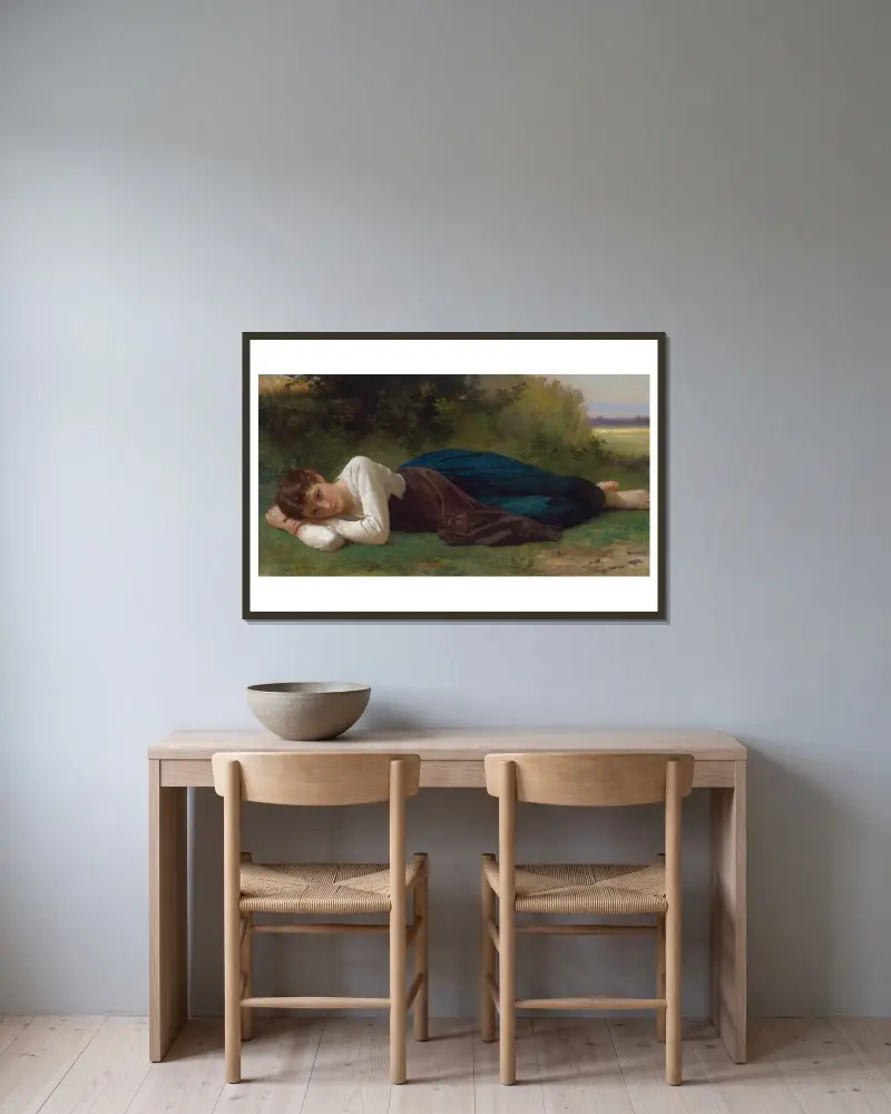 Die Ruhe (Liegendes Mädchen) von William Bouguereau gerahmt an einer Wand