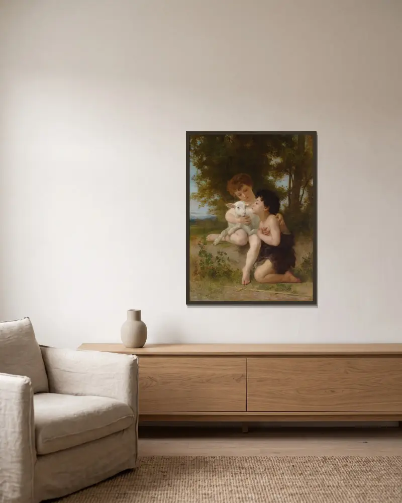 Barnen vid lammet av William Bouguereau inramad på en vägg