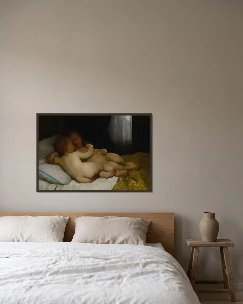 De sovande barnen av William Bouguereau inramad på en vägg