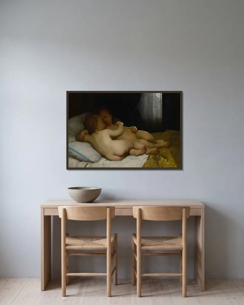 De sovande barnen av William Bouguereau inramad på en vägg