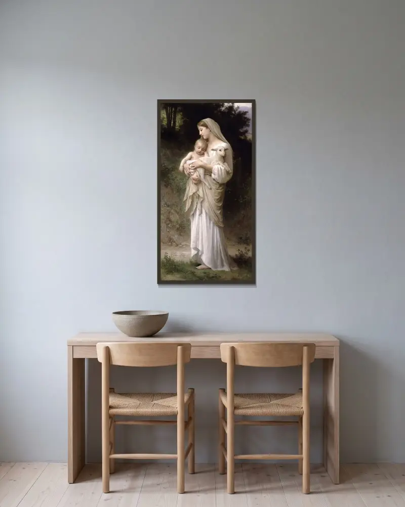 Oskulden av William Bouguereau inramad på en vägg