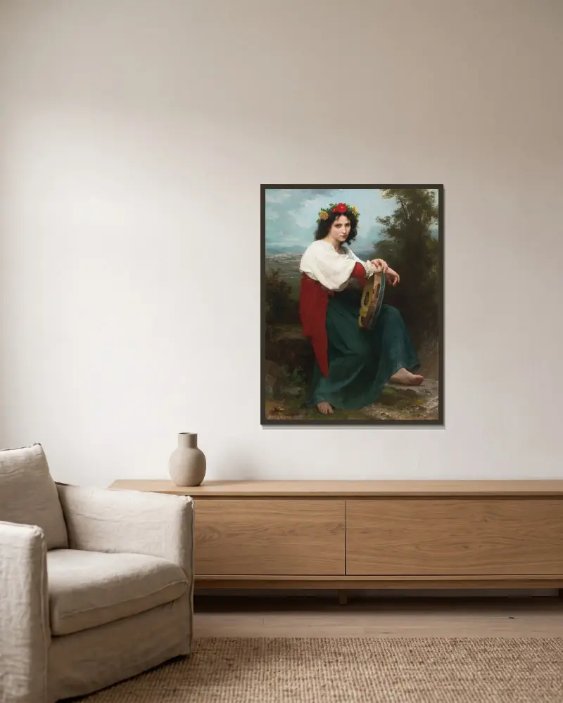 Den italienska flickan med tamburin av William Bouguereau inramad på en vägg