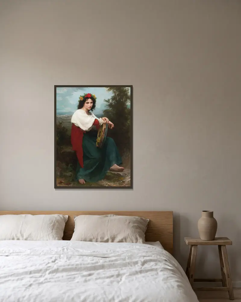 Den italienska flickan med tamburin av William Bouguereau inramad på en vägg