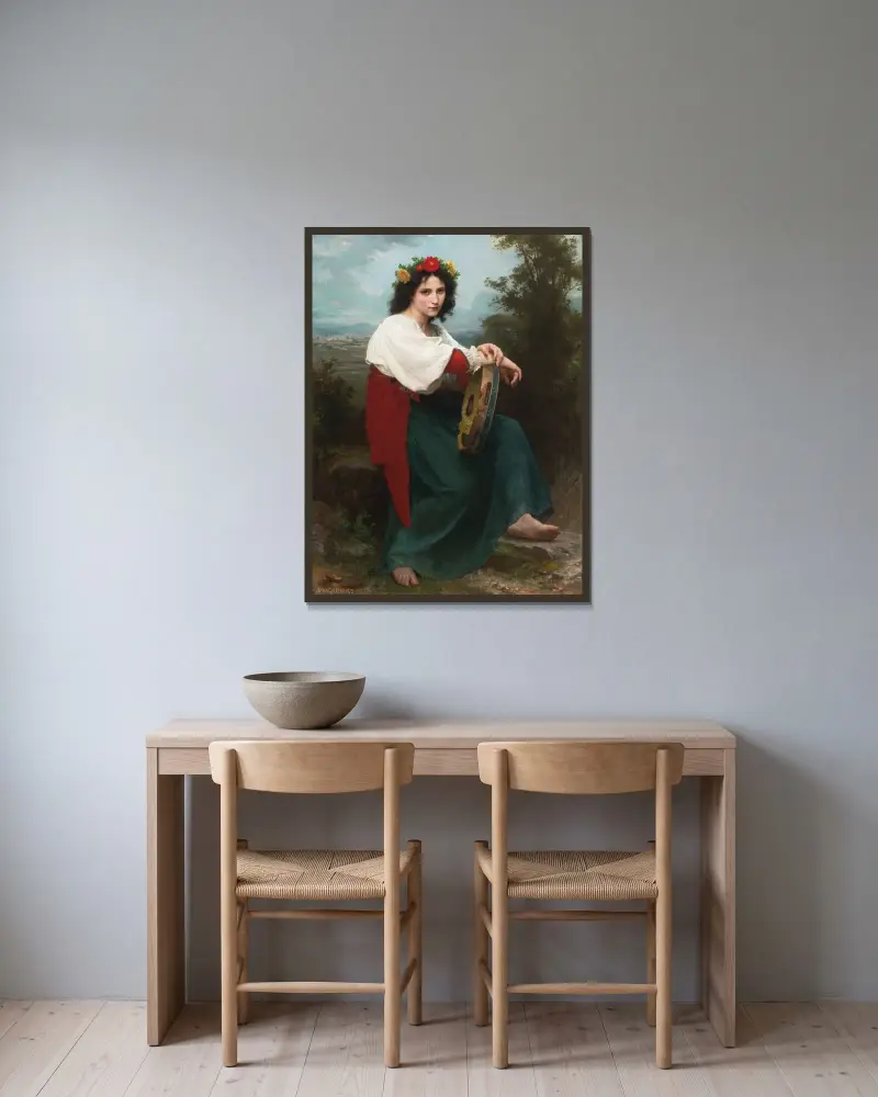 Den italienska flickan med tamburin av William Bouguereau inramad på en vägg