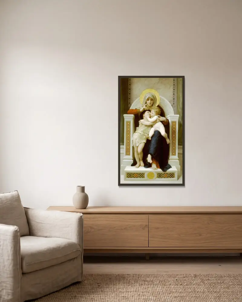 Madonna med barn och Johannes Döparen av William Bouguereau inramad på en vägg