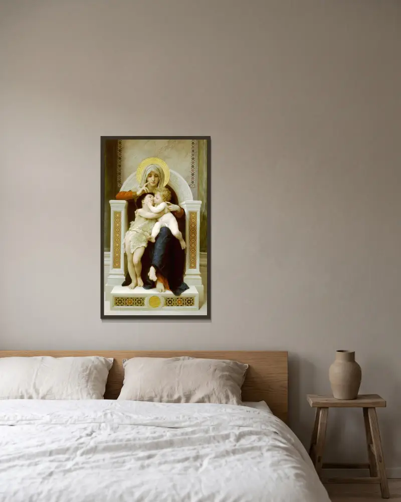 Madonna med barn och Johannes Döparen av William Bouguereau inramad på en vägg
