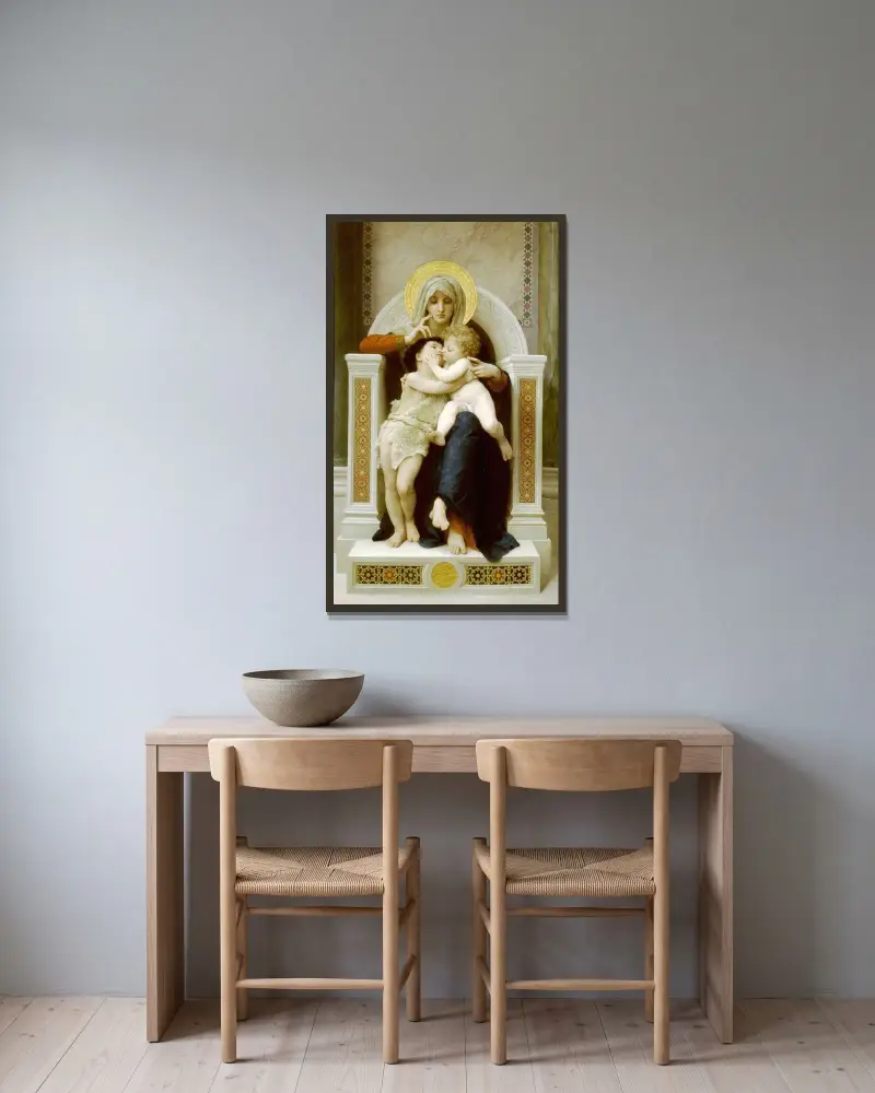Madonna med barn och Johannes Döparen av William Bouguereau inramad på en vägg