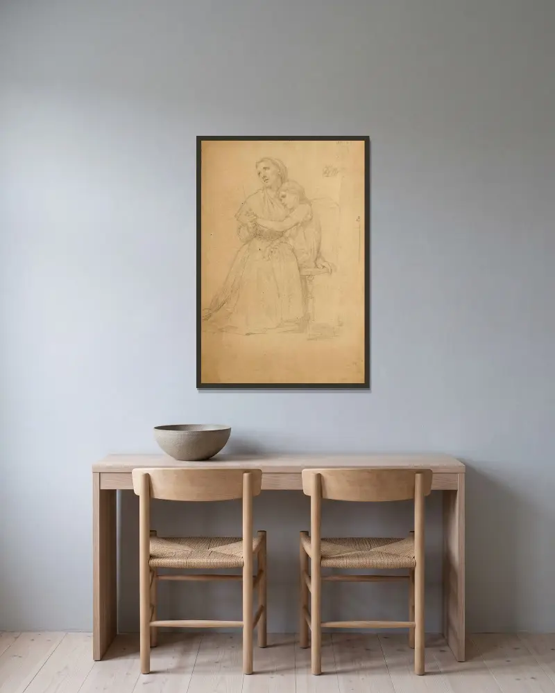Mor och barn i bön och förberedande studie av en hand och ett sittande barn av William Bouguereau inramad på en vägg