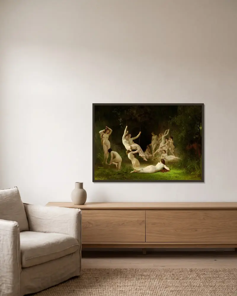 Nymfeum av William Bouguereau inramad på en vägg