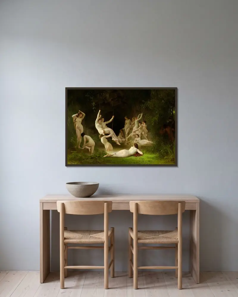 Nymfeum av William Bouguereau inramad på en vägg