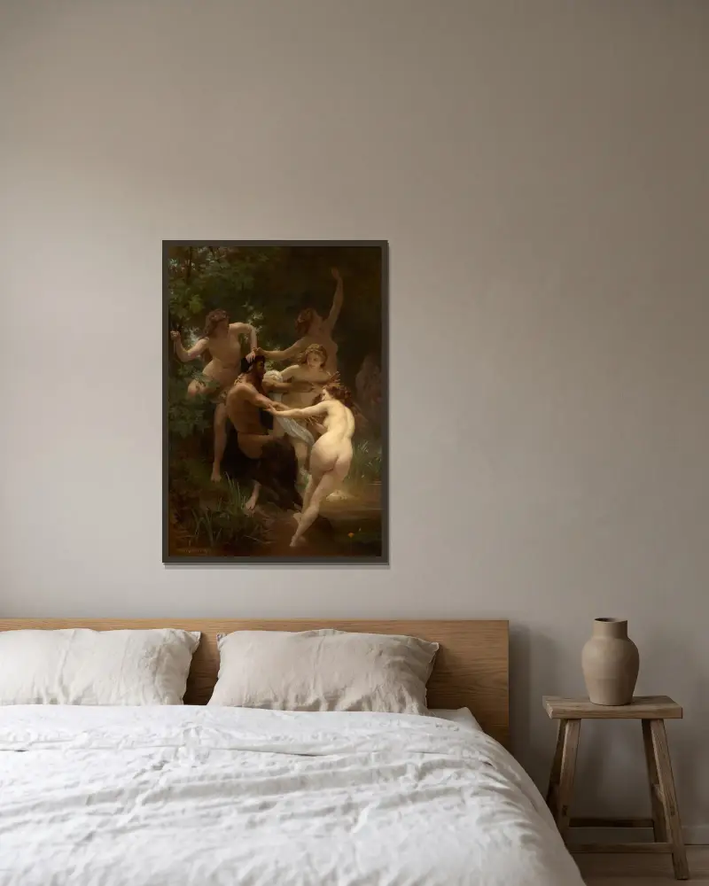 Nymfer och satyr av William Bouguereau inramad på en vägg