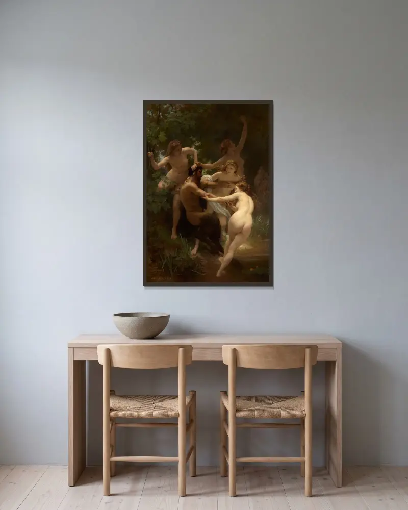 Nymfer och satyr av William Bouguereau inramad på en vägg