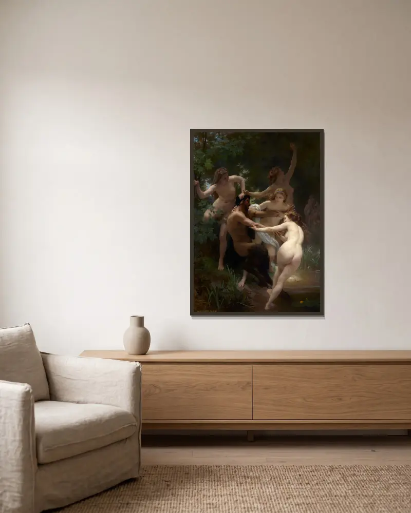 Nymphen und Satyr von William Bouguereau gerahmt an einer Wand