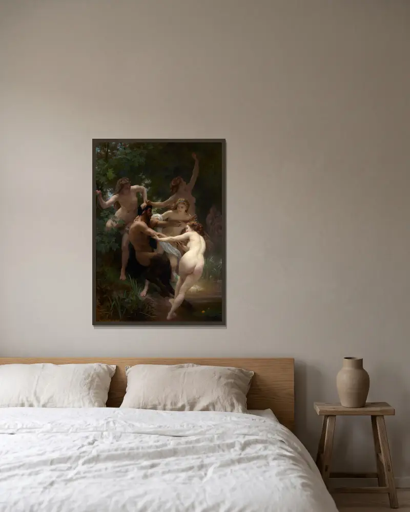 Nymphen und Satyr von William Bouguereau gerahmt an einer Wand