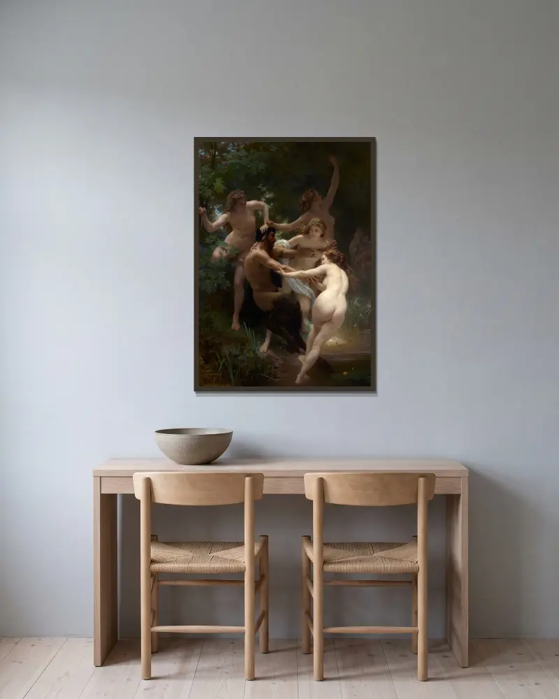 Nymphen und Satyr von William Bouguereau gerahmt an einer Wand