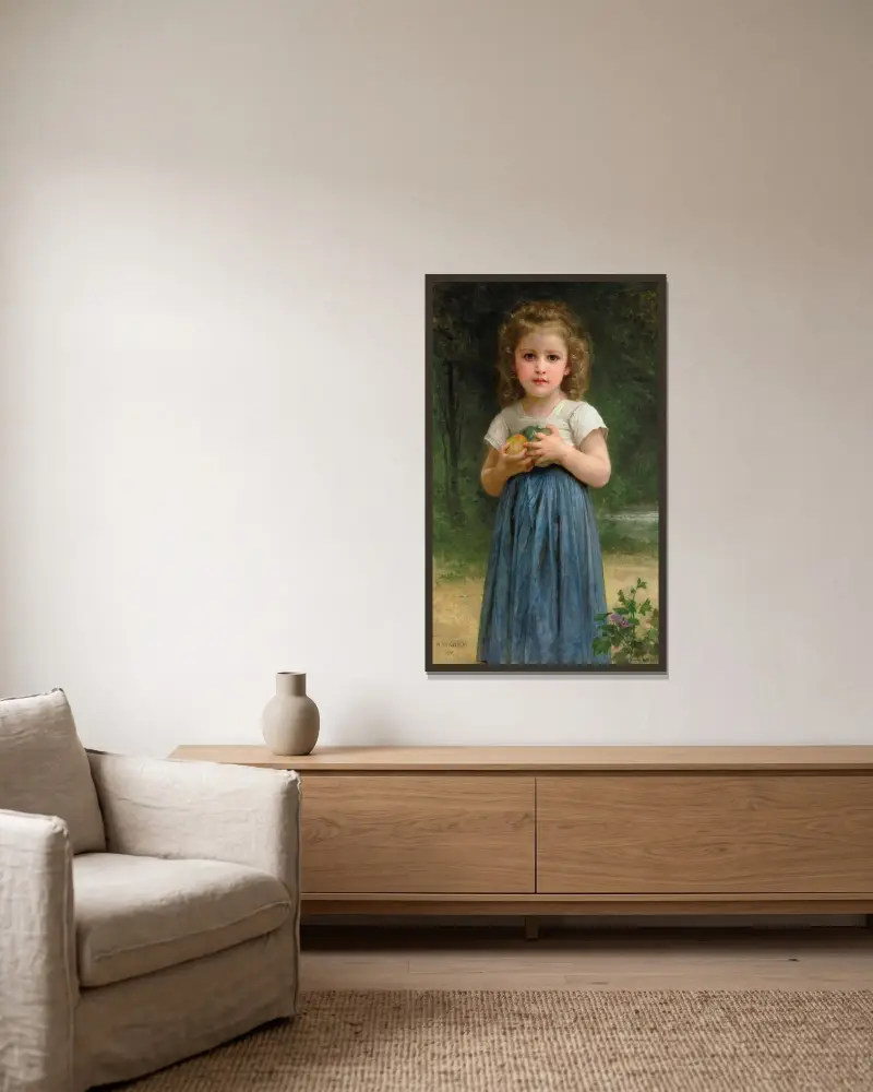 Liten flicka med äpplen i händerna av William Bouguereau inramad på en vägg