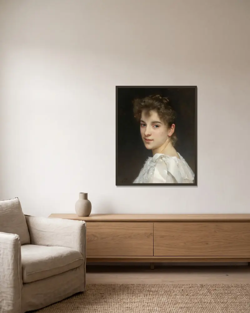 Porträtt av Gabrielle Cot av William Bouguereau inramad på en vägg