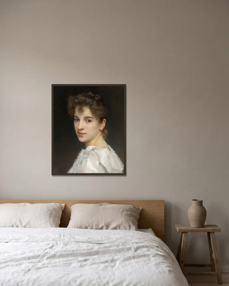 Porträtt av Gabrielle Cot av William Bouguereau inramad på en vägg
