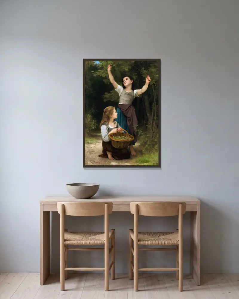 Sběr lískových oříšků, William Bouguereau v rámu na stěně