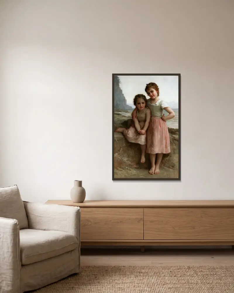 Systrar vid stranden av William Bouguereau inramad på en vägg